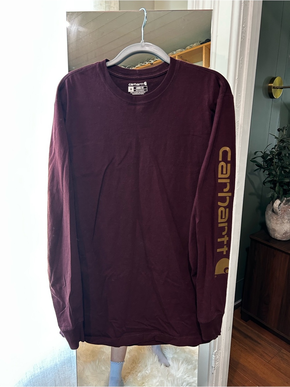 Carhartt Men's Long Sleeve Crew Tee - Burgundy with Gold Logo size M
